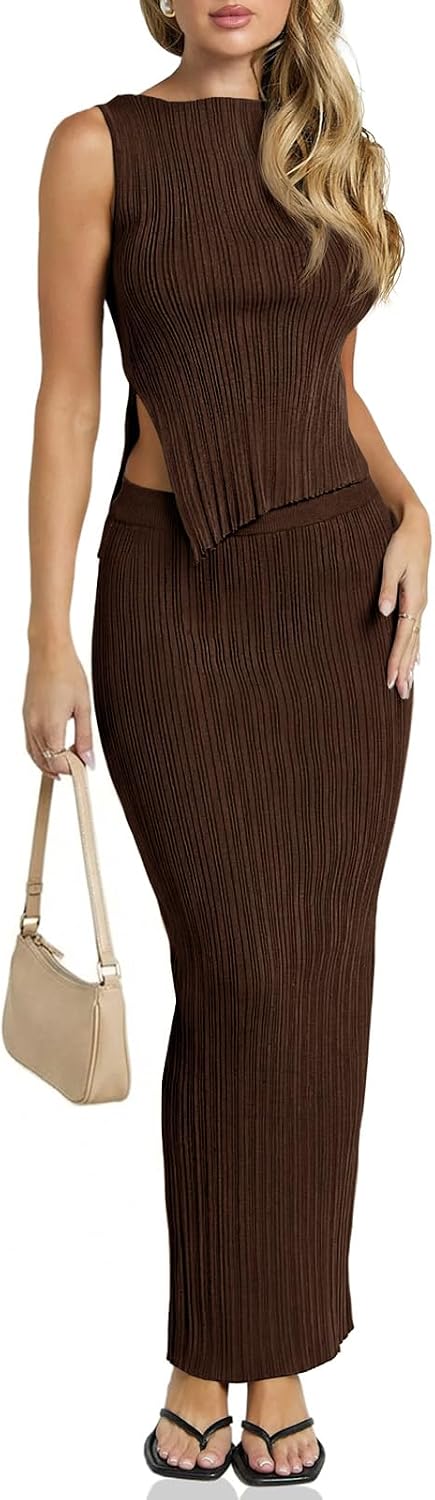 Wenrine Womens Ribbed Knit 2 Piece Outfit Sleeveless Crop Top High Waist Maxi Skirt Set Casual Summer Bodycon Matching Sets
