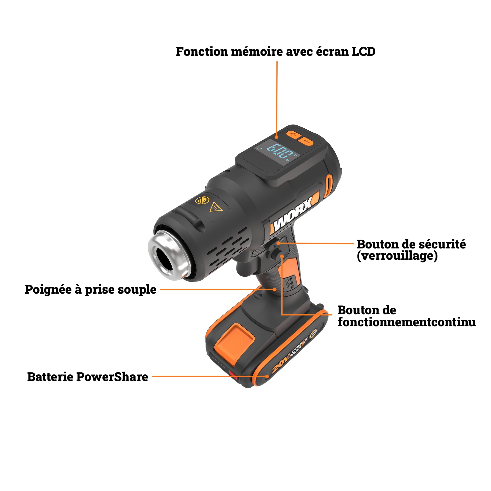 WORX Décapeur thermique sans fil 20V WX015, température réglable de 20 °C à 600 °C, chauffe rapidement, compact et ergonomique, polyvalent, livré avec batterie, chargeur et 3 buses