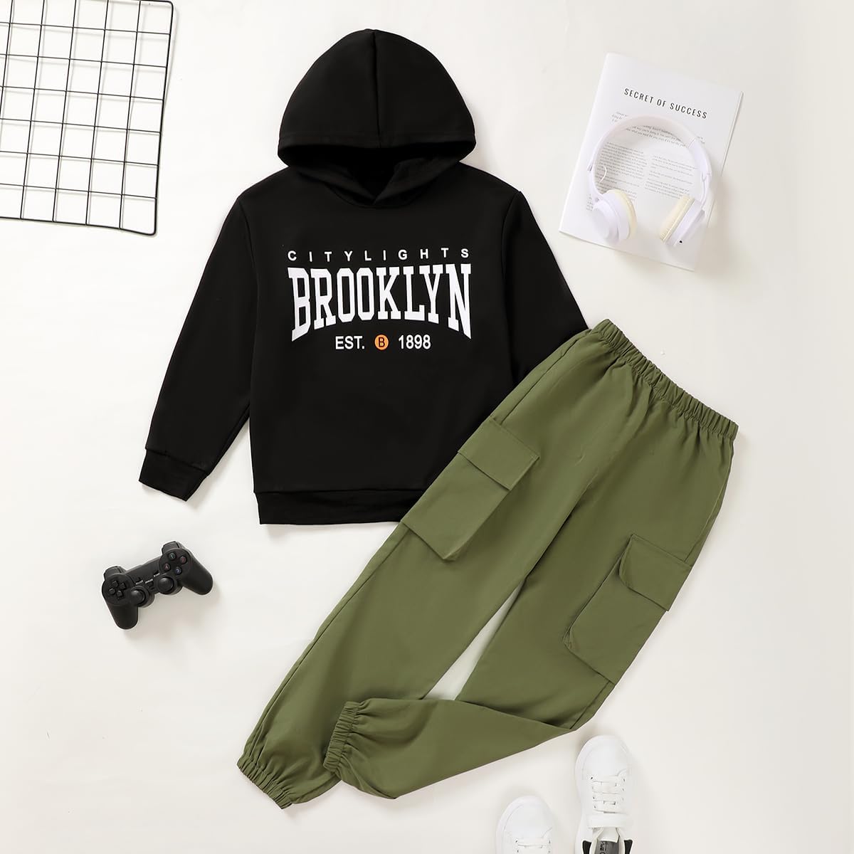 Girls Pants Set, Brooklyn Graphic Hoodie & Army Green Cargo Pants 2-Piece Outfit for Girls 8-12Y