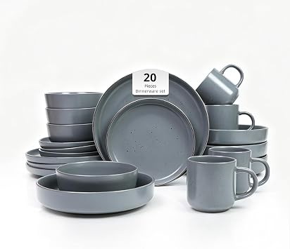 20-Piece Dinnerware Set, Nordic Ceramic Plates and Bowls Sets for 4, Raised Rim Tableware Collection, Matte Grey Speckled Serveware for Daily Use, Microwave & Dishwasher Safe
