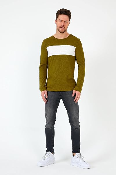 Haki Unisex Regular Fit Bisiklet Yaka Uzun Kollu Şeritli Sweat