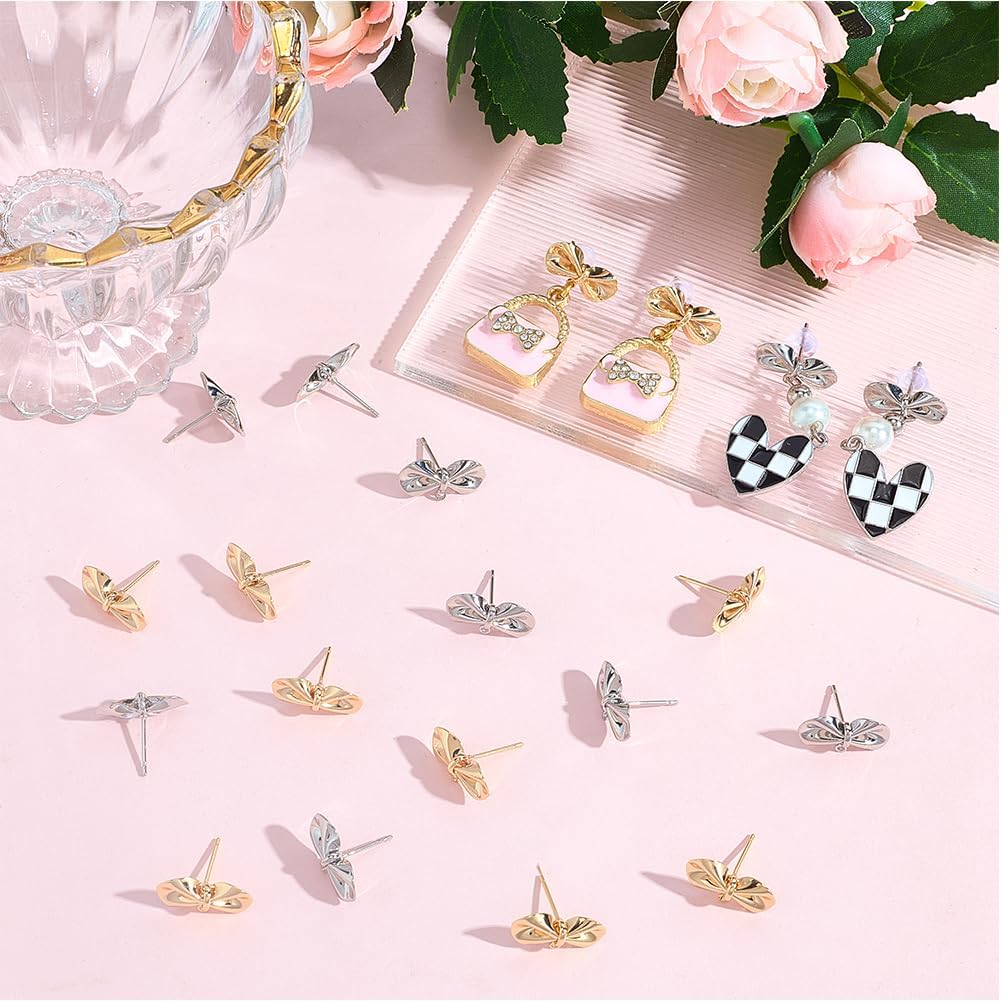 Beebeecraft 20Pcs 2 Colors Bow Earring Findings 18K Gold & Platinum Plated Post Stud Earring with Loop Bowknot for Jewelry Making Findings - Image 4