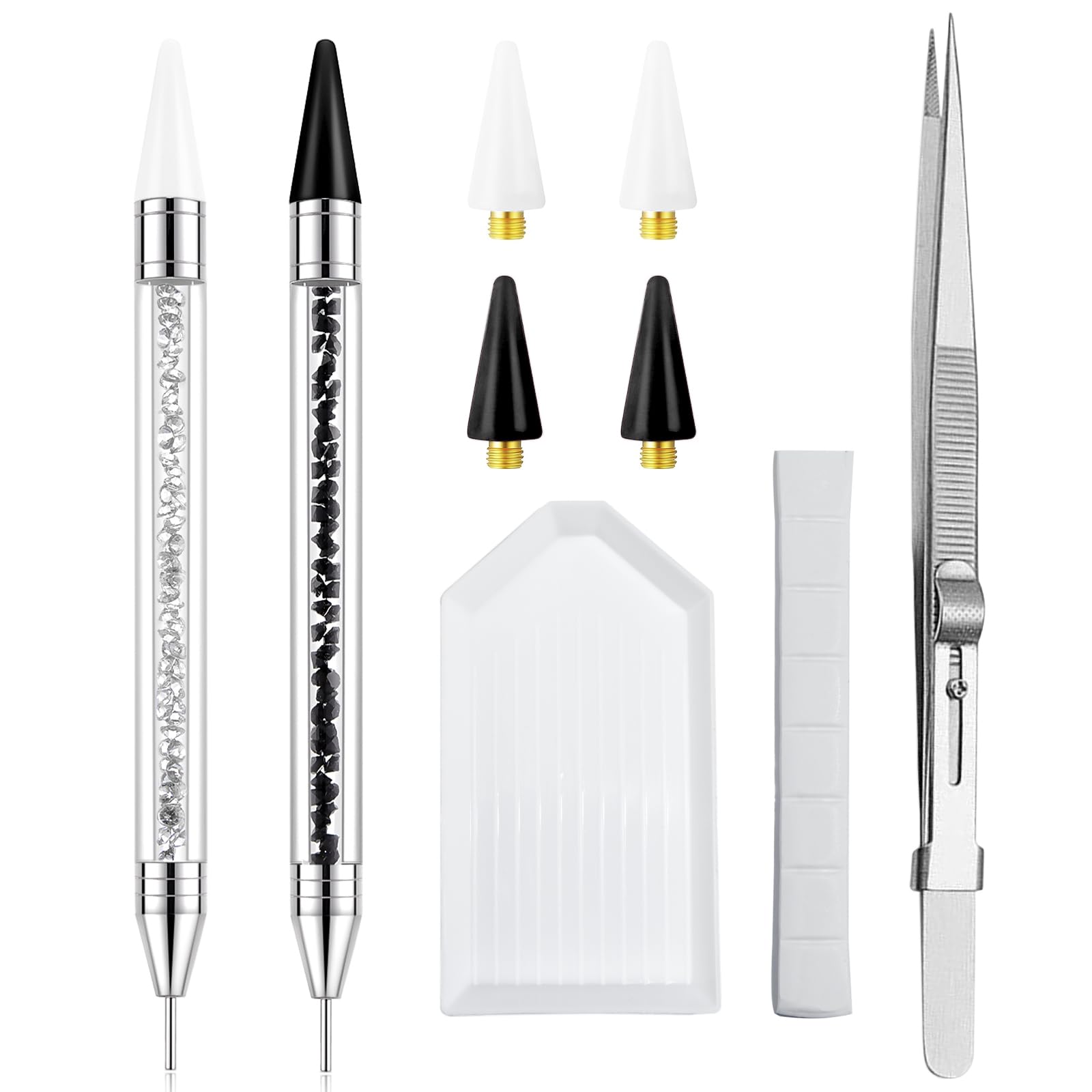 LIGHT RAIN Rhinestone Picker Tool - 2pcs Dual-head Bedazzling Pen with 4 Wax Tips, 8pcs Clay, Adjustable Precision Tweezers, 1400pcs Rhinestones and 2pcs Organizer Tray Kit for Nail Art