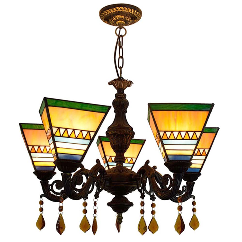 FYZDLAOR Pyramid Shape 5-Light Chandelier,Adjustable Pendant Light Light Fixtures,Tiffanystyle Stained Glass Hanging Light Wide 24 Inch with Crystal Pendant