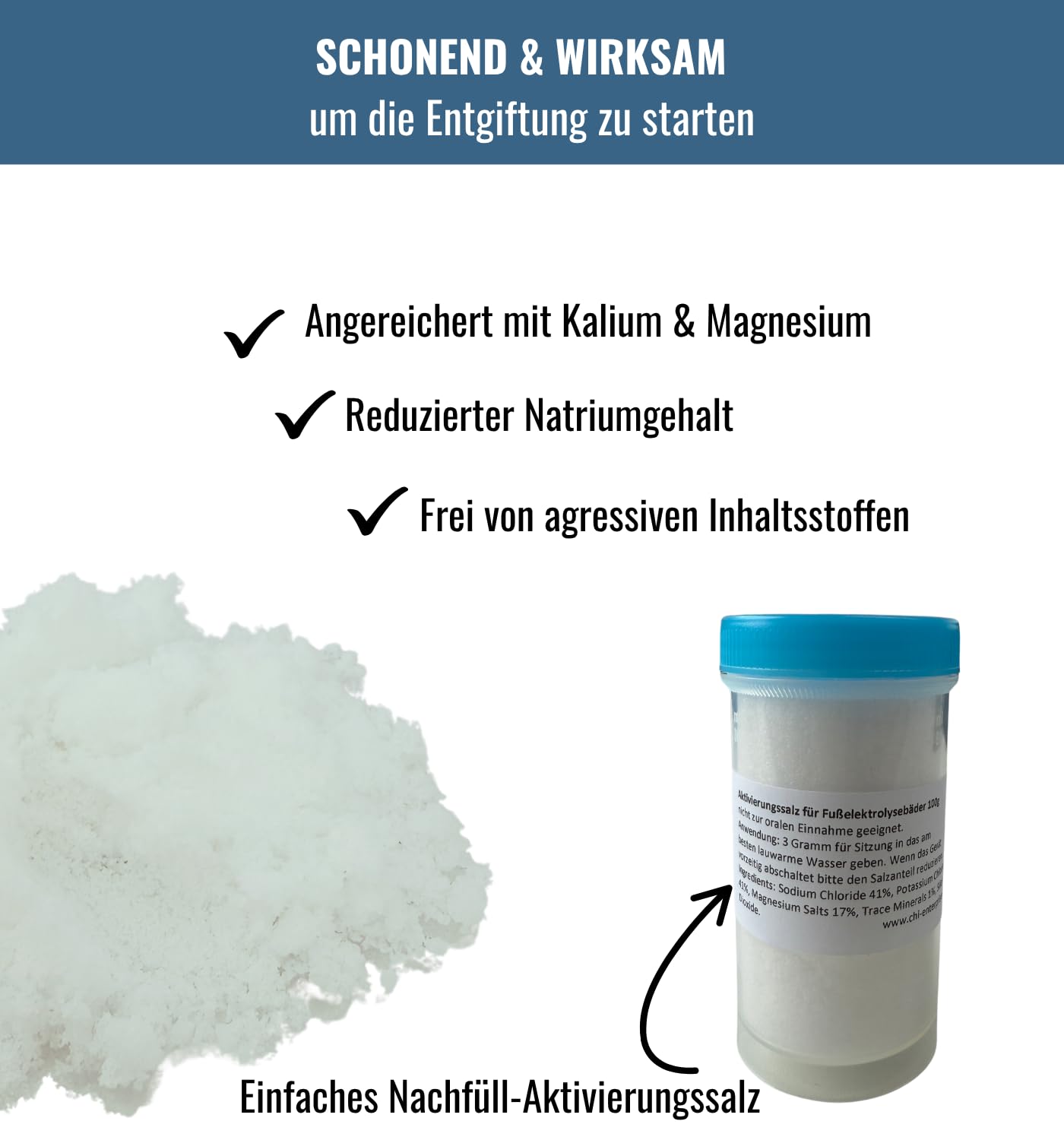 1000 g Sale attivante per Hydrosana, Bioenergiser Detox Spa, Ion Cleanser, Royal Spa e altri pediluvi - ridotto contenuto di sodio, arricchito con potassio e magnesio