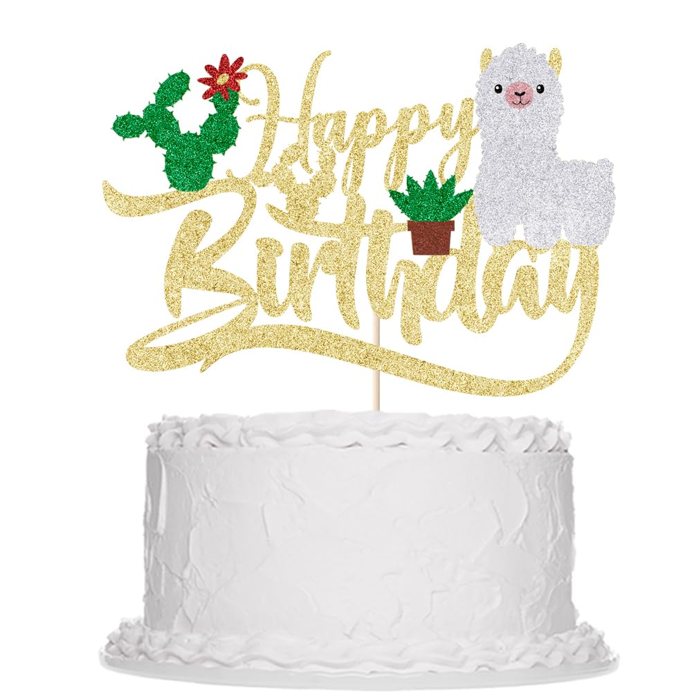 Alpaca Cactus Happy Birthday Cake Topper-Glitter First Birthday、Baby Shower、Kids Boys and Girls 1st 2nd Birthday、Fiesta Party Decoration、 Taco Bout A Baby Party Carefully Chosen Decoration