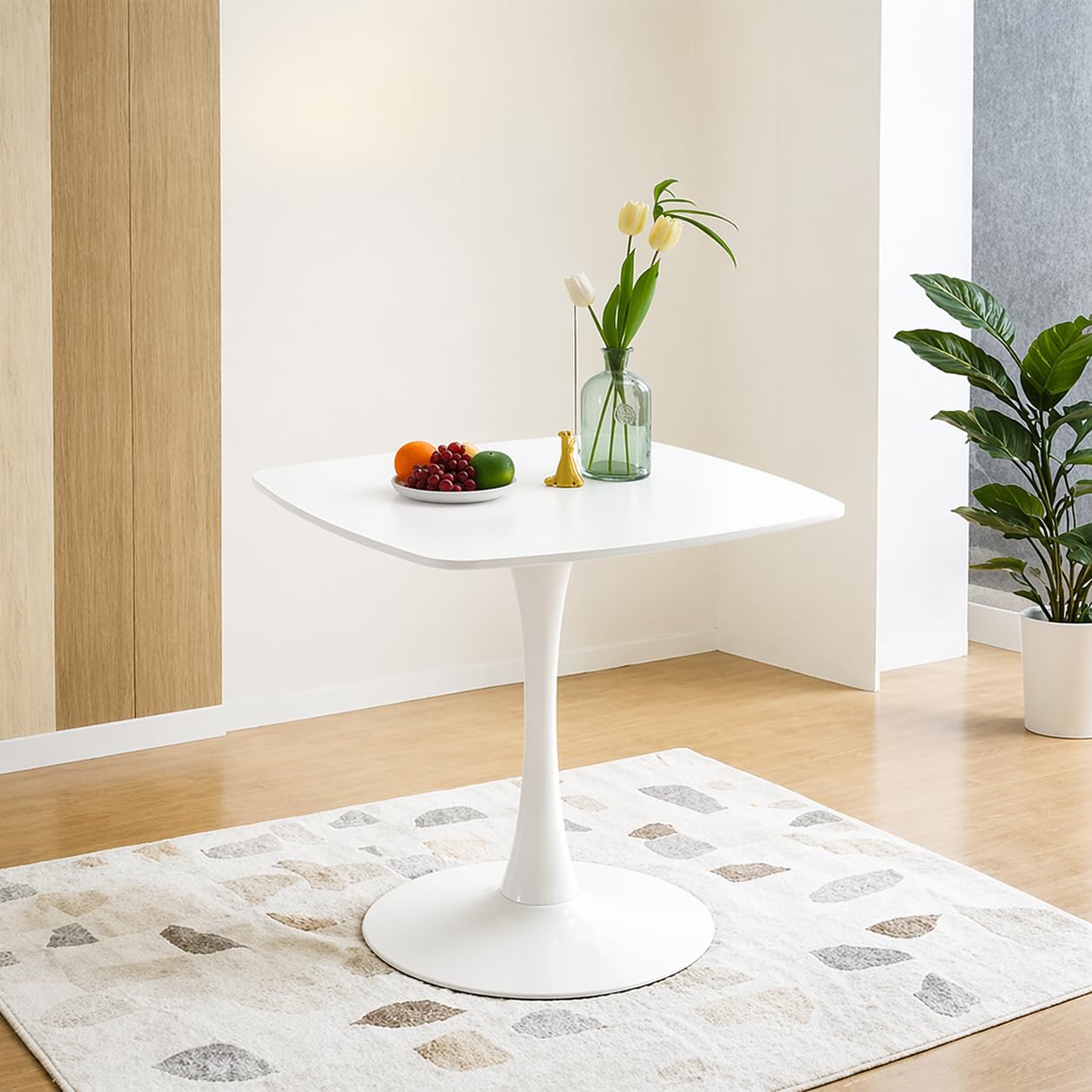 Rectangle Coffee Table with 1 Pillar, Modern Round Side Entryway Living Room Table (White)-image-44