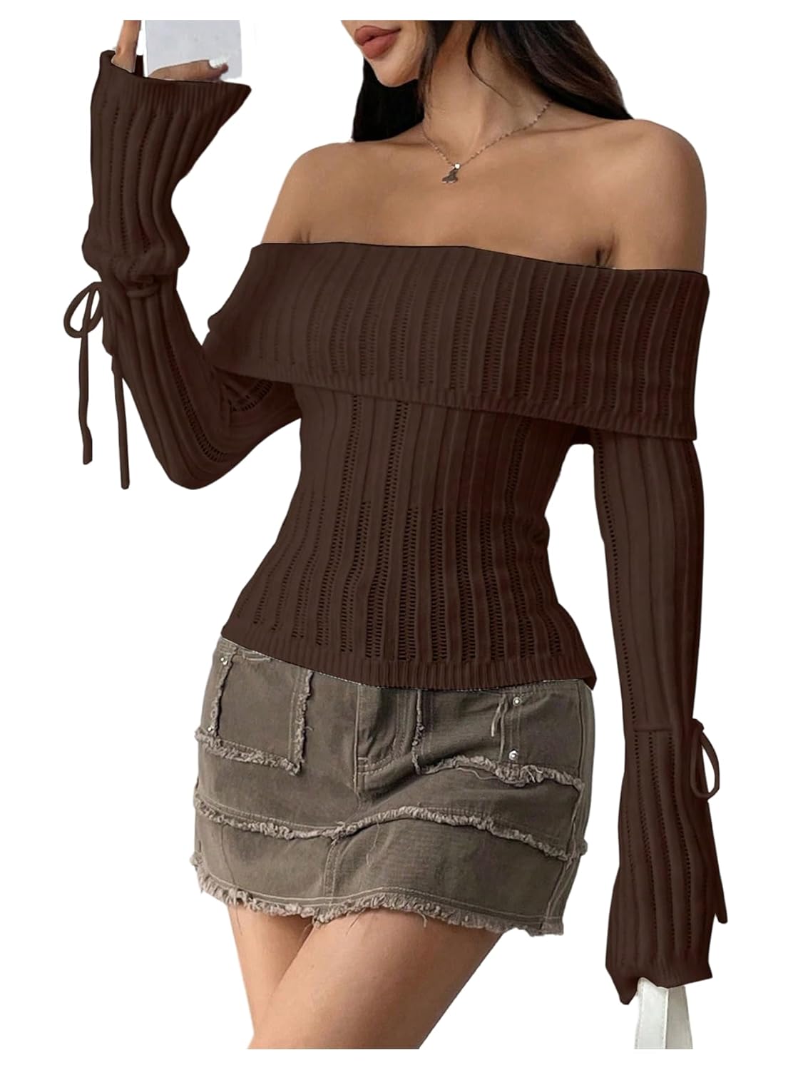 SweatyRocks Womens Off Shoulder Sweater Bell Long Sleeve Flared Bow Tie Slim Fit Knit Tops