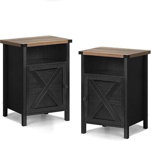 Miniatura 53 de Catrimown Mesa auxiliar de granja, juego de 2 mesitas de noche, mesita de noche rústica con puerta de granero y estante de almacenamiento, mesa