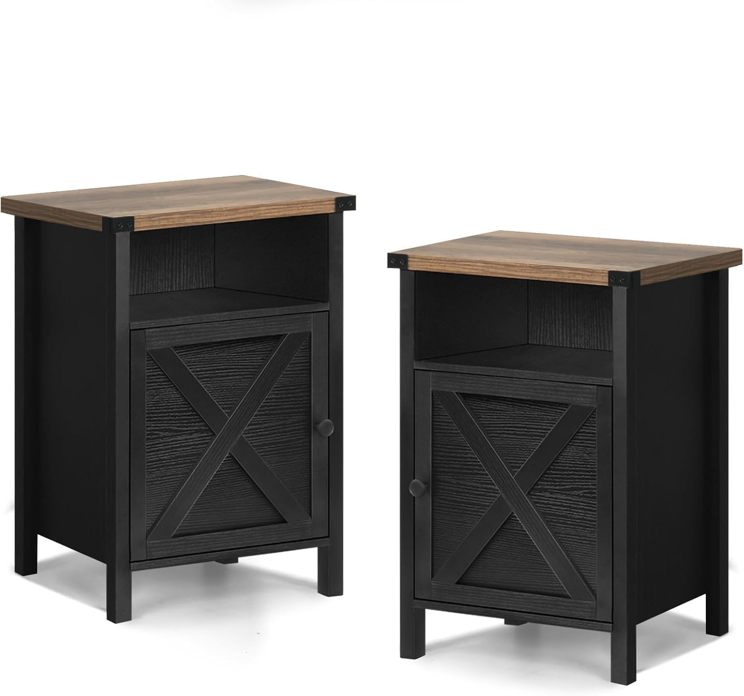 Farmhouse End Table, Nightstand, End Tables with Barn Door and Shelf, Wooden Sofa Side Table, Modern Bed Side Table Rustic Nightstands Set of 2,