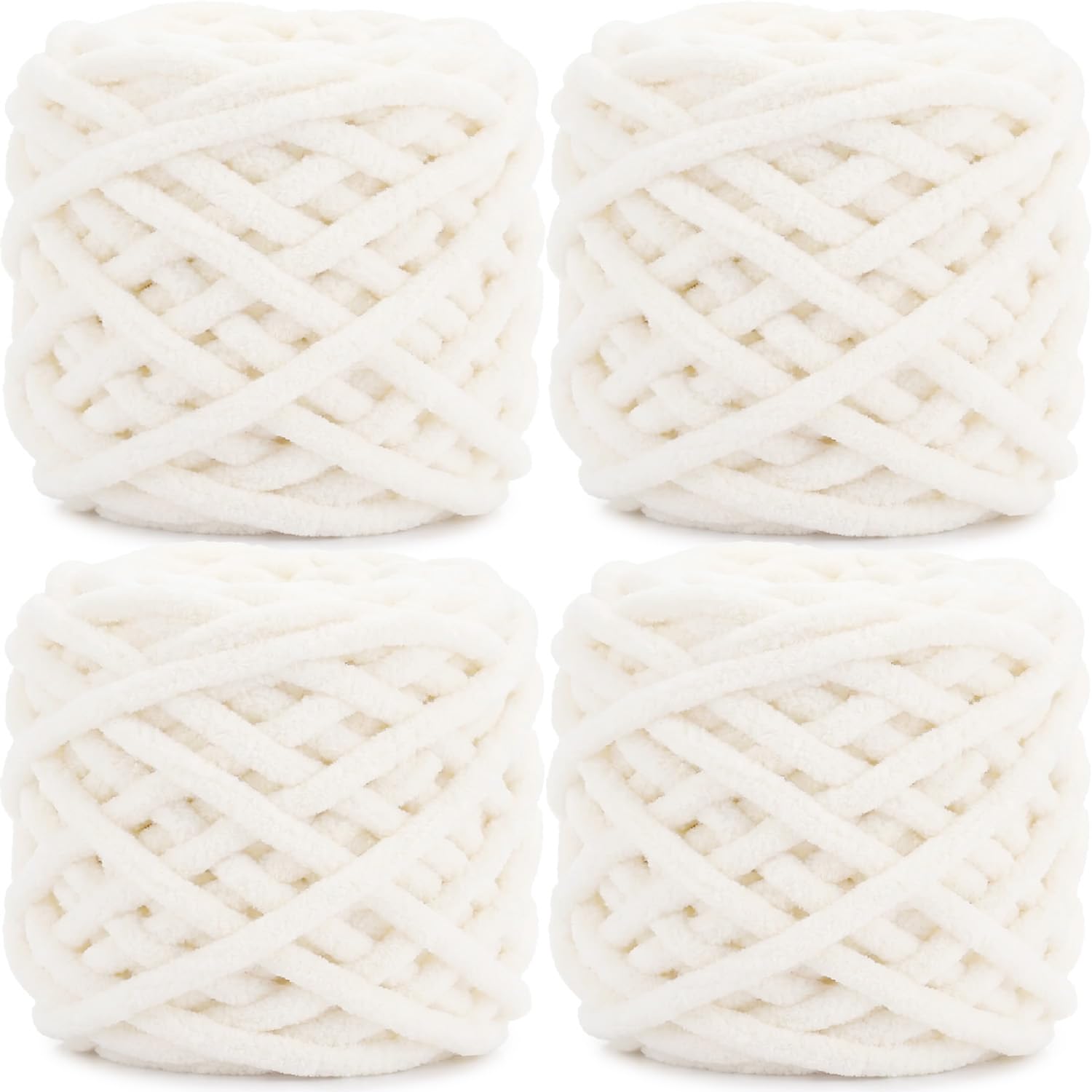 Lighterday Super Chunky Knit Chenille Yarn 4 x 100g Multi-Colored Crochet Wool for Hand Knitting Blankets,Knitting Wool for Big Blankets Sock and Scarves (Creamy White) — image 1
