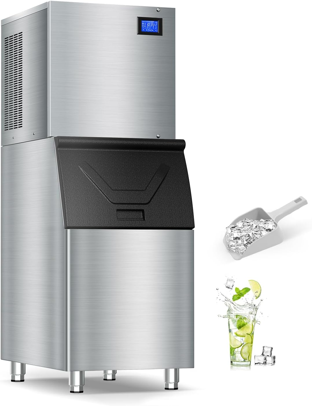 Commercial Ice Maker Machine: 500lb Daily Output, 350lb Large Capacity Storage, 156Pcs Ice Cubes in 6-15 Mins - Stainless Steel Large Ice Maker for Restaurant, Bar, Cafe