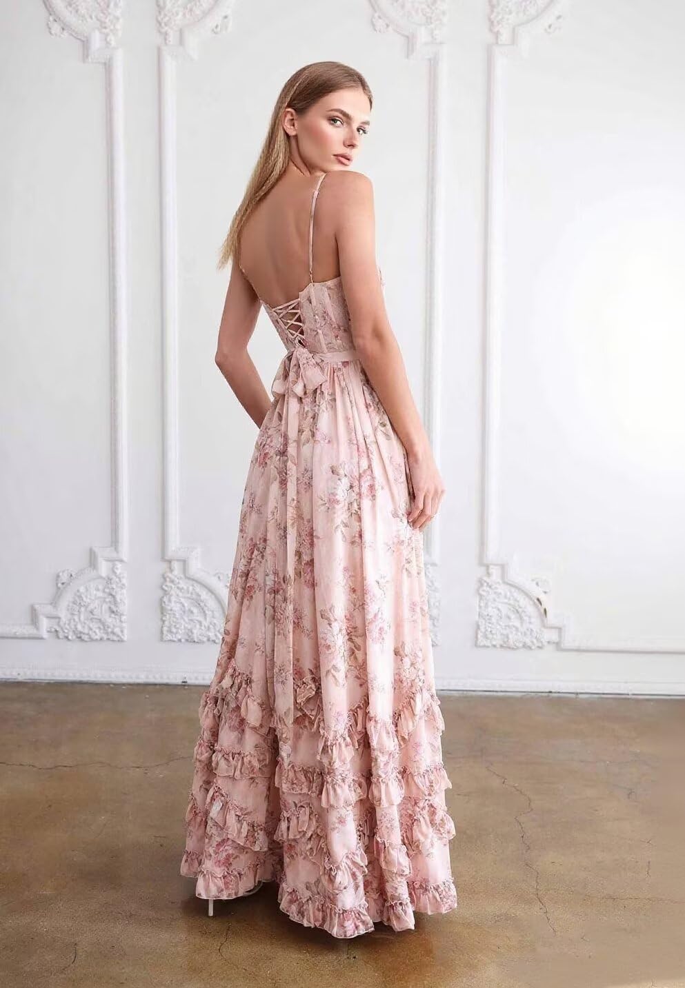 SNOWROSE Chiffon Ruffle Bridesmaid Dresses for Women V Neck Corset Spaghetti Straps Ruched Long Formal Dress with Slit