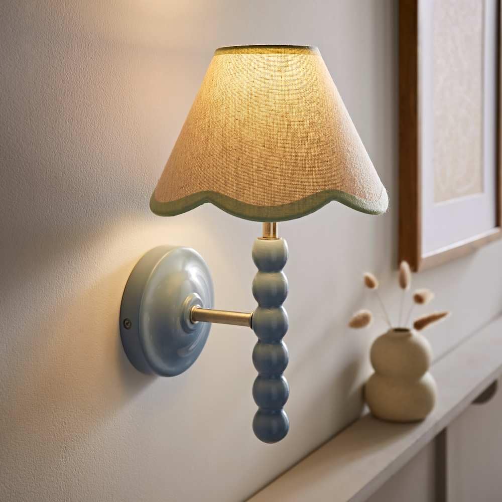 ValueLights | Bobbin Blue Wall Light with Green Trim Scallop Shade and Bulb | Wall Lights, Home Décor & Improvement Essential | Mains Wired