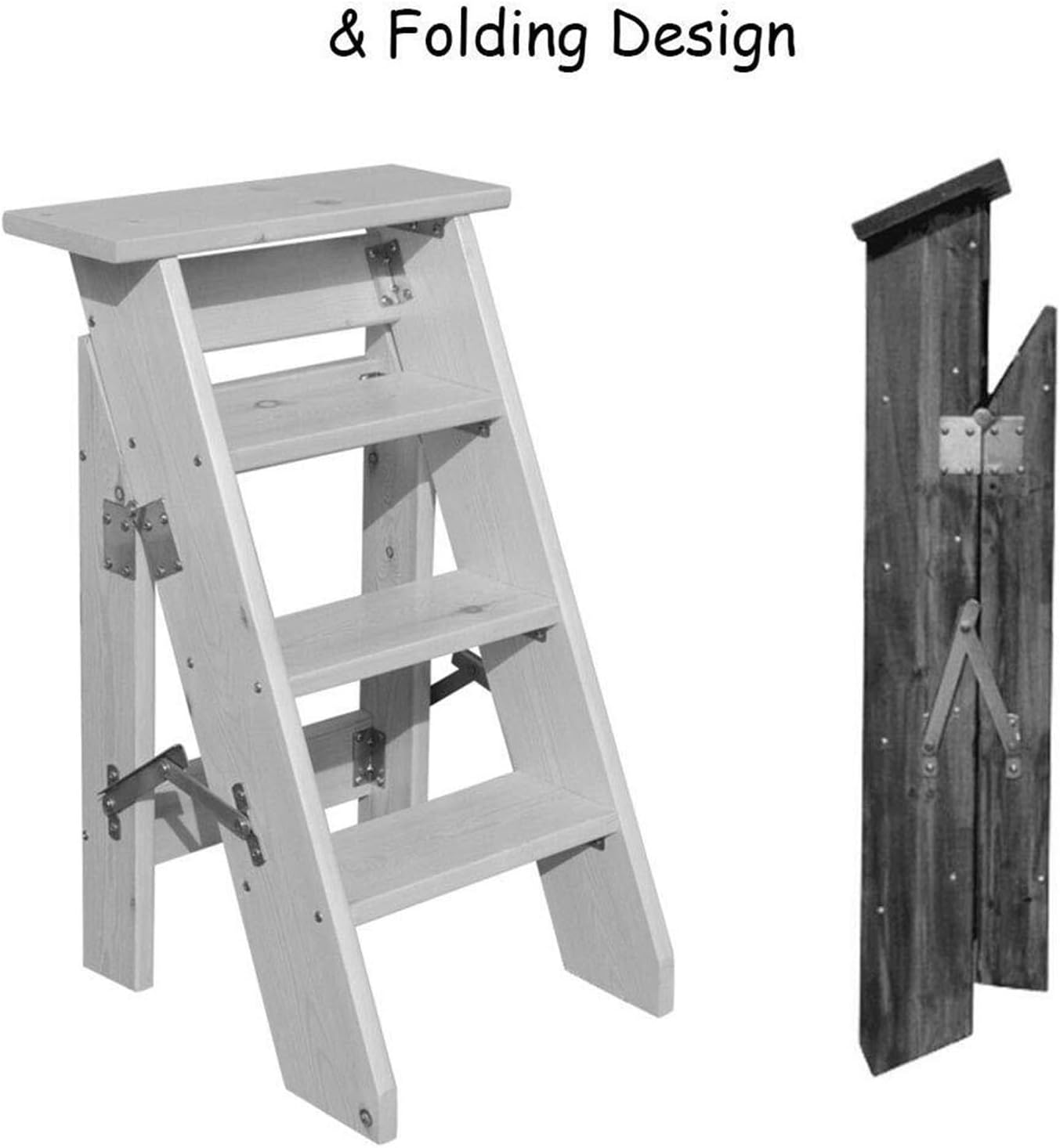 Step Stool Natural Foldable Step Ladder 4 Steps - Lightweight Wooden Stool with Dual-Use Tread & Staircase Chair for Home & Library
