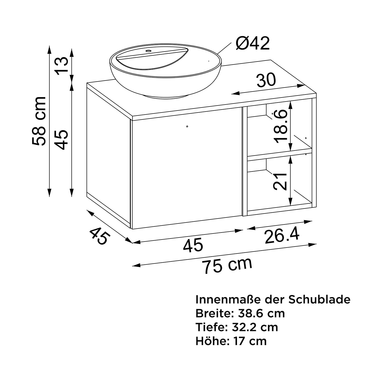 ROOMART Badezimmermöbel Set Lotus 75 cm 4 Teilig mit Keramik Waschbecken (Eiche, Unterschrank mit Waschbecken)
