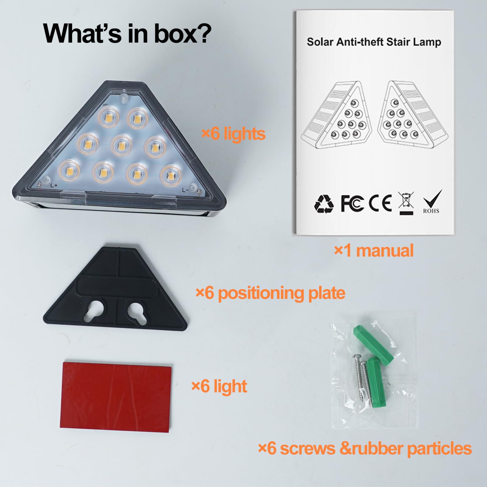 LED Luci Solari per Esterni, IP67 Impermeabile LED Solare Lampada da Scala Bianca Calda 3000K, Illuminazione Scale per Cortile, Giardino, 6 pezzi