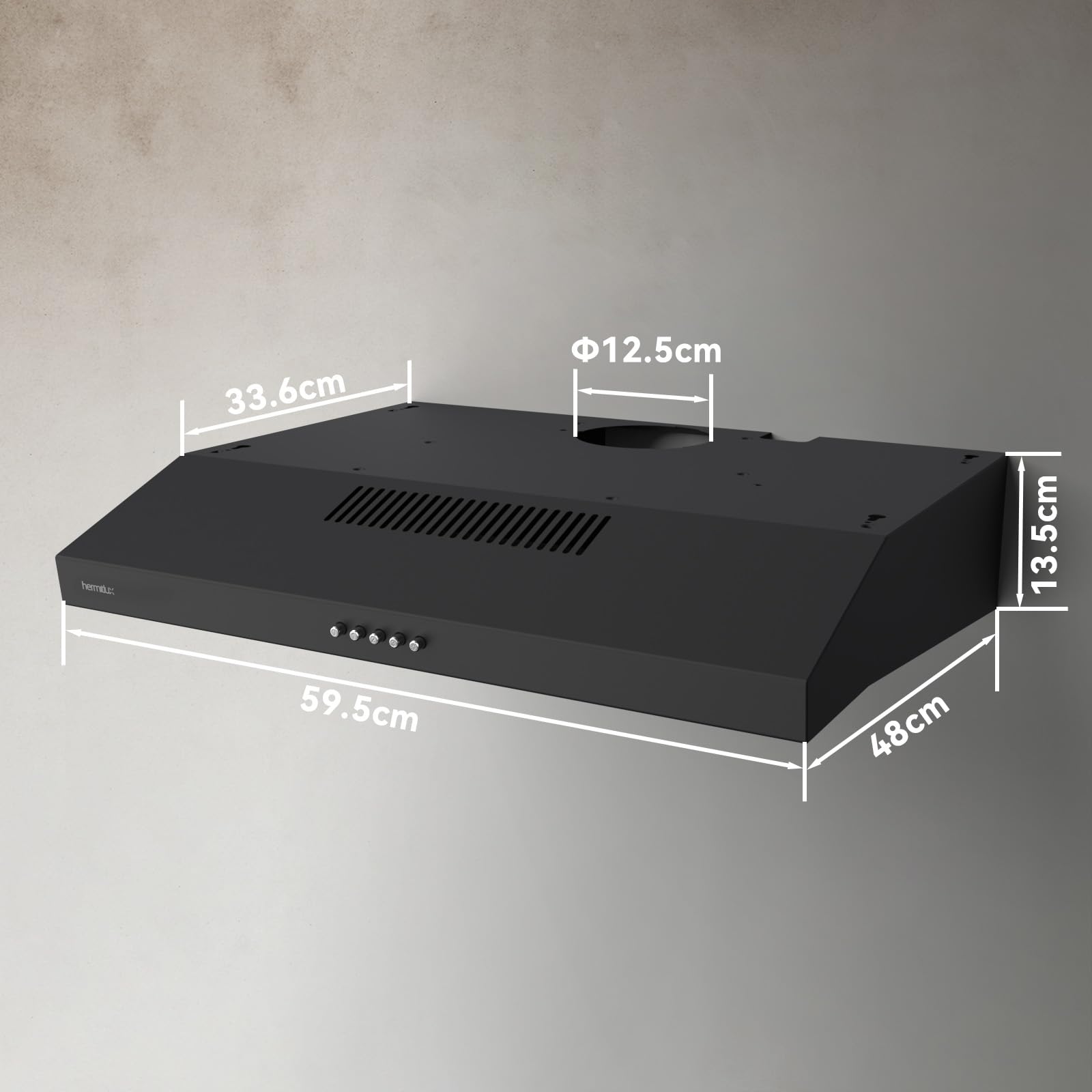 Hermitlux Okap kuchenny do zabudowy 60 cm, powietrze wylotowe i obiegowe, 3 poziomy mocy, przepływ powietrza 360 m³/h, filtr węglowy, czarny