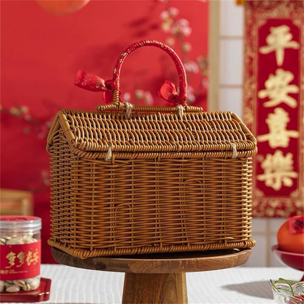 Cesto in Rattan A Forma di Casa con Coperchio e Manico Pieghevole per PIC-Nic, Pasqua, Organizzazione, e Conservazione