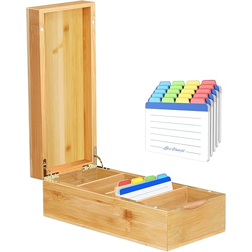 Neando Business Card Holder, Bamboo Business Card Organizer, Business Card Storage Box, 5 Compartments for 600 Cards, Wood Desk Organizers, 4.5’’W x 10.4’’D x 3’’H
