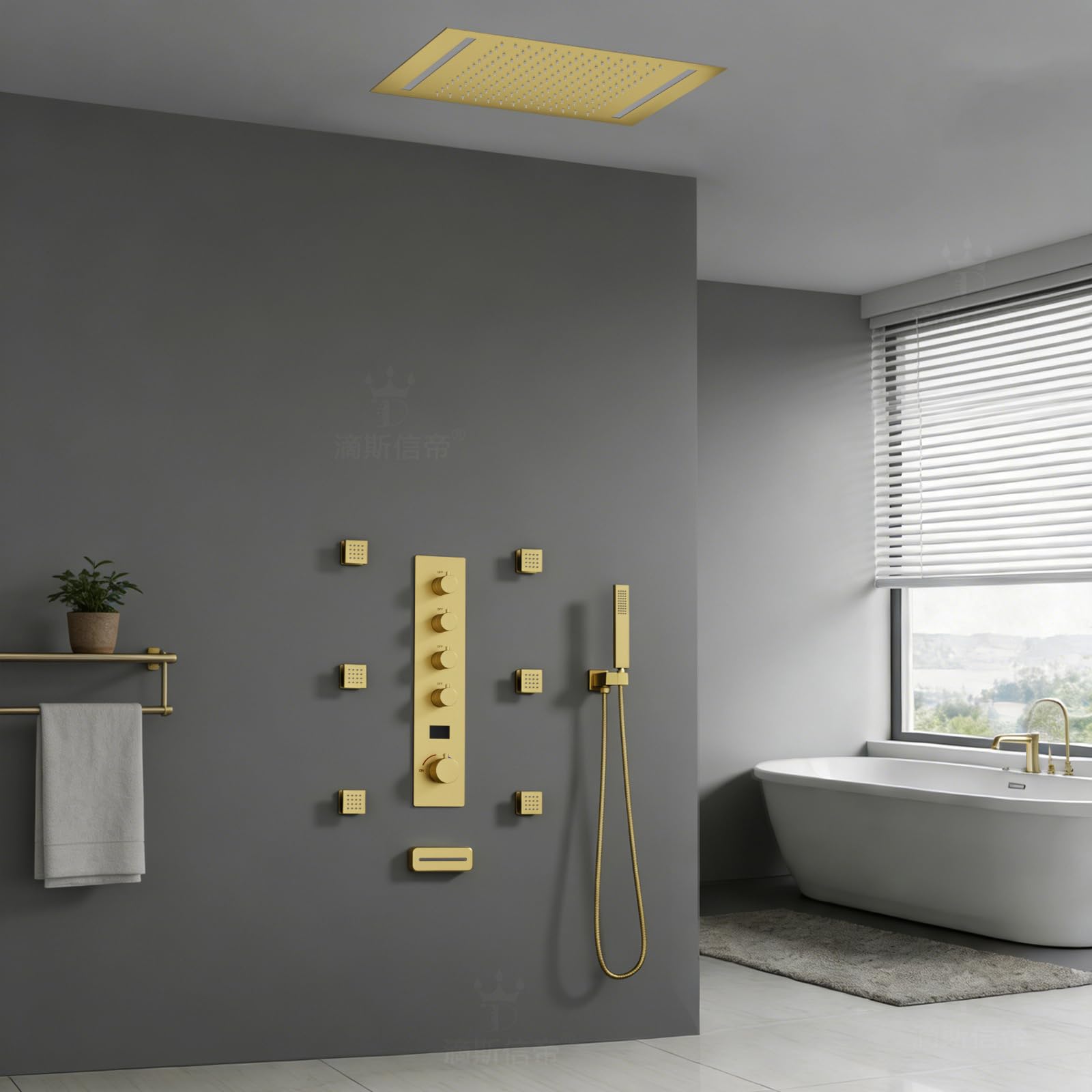 XJTNLB Colonna Doccia Incasso Soffione con Luce Led, Sistema Doccia Termostat con Display Digitale a Led e 6Pcs Getti SPA per Bagno, Oro Spazzolato