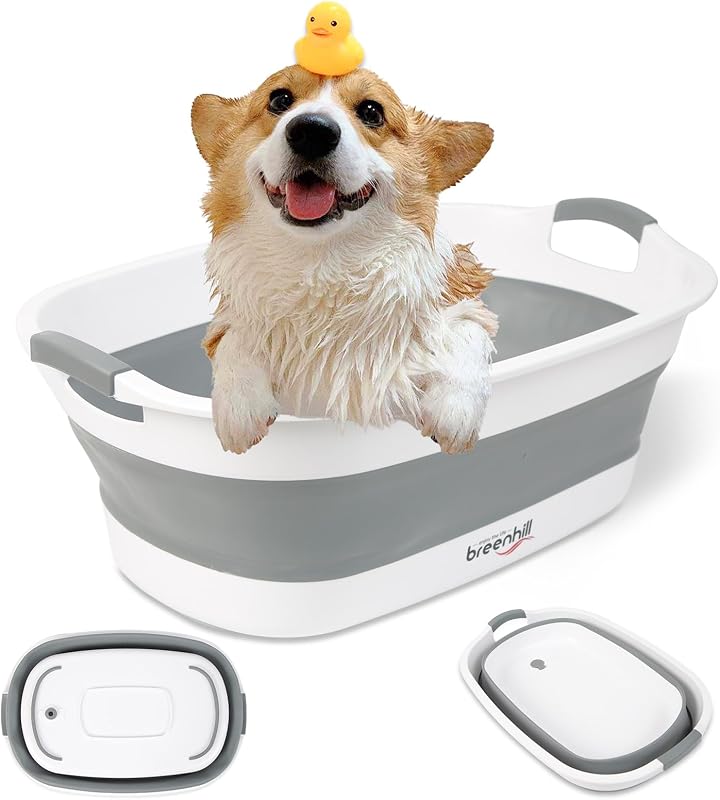 Banheira Dobrável para Cães Pequenos com Dreno e Alça Antiderrapante BREENHILL Cinza – 23 L