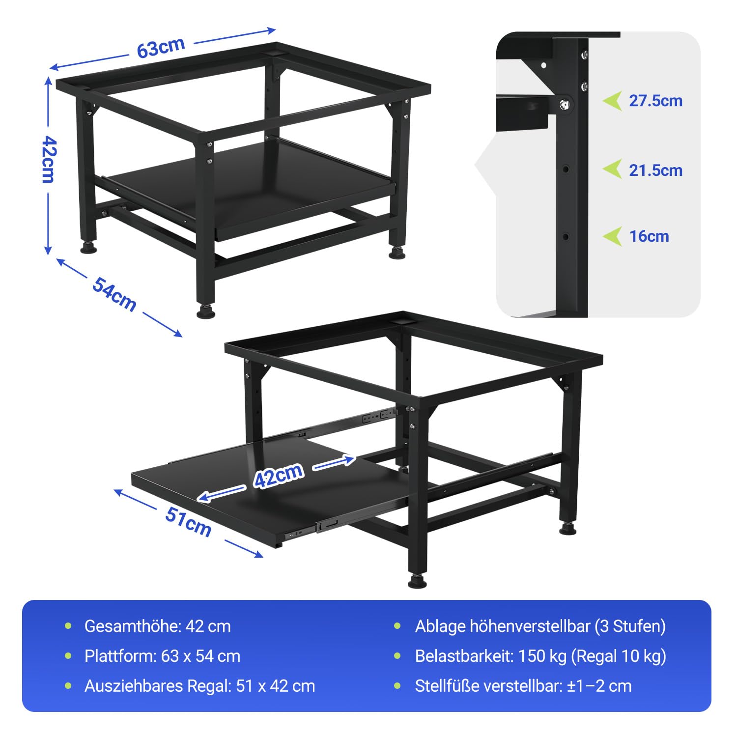 Herrselsam Base per lavatrice con ripiano estraibile, altezza 42 cm, piedini regolabili in altezza e assorbimento del rumore, base per lavatrice con cassetto estraibile a 3 livelli, portata 150 kg
