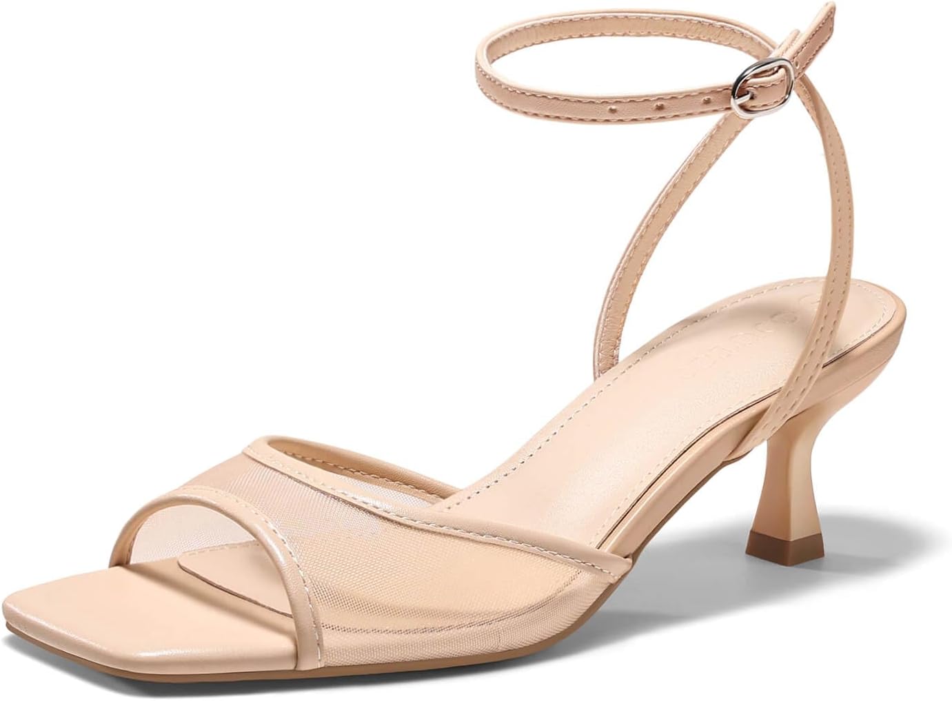 Coutgo Womens Kitten Low Heels Strappy Sandals Mesh Square Open Toe Buckle Ankle Strap Summer Dress Shoes