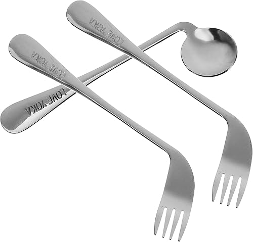 Miniatura 9 de Juego de utensilios adaptativos para zurdos, tenedor y cuchara en ángulo de acero inoxidable, cuchara de fácil sujeción, cuchara de desplazamiento