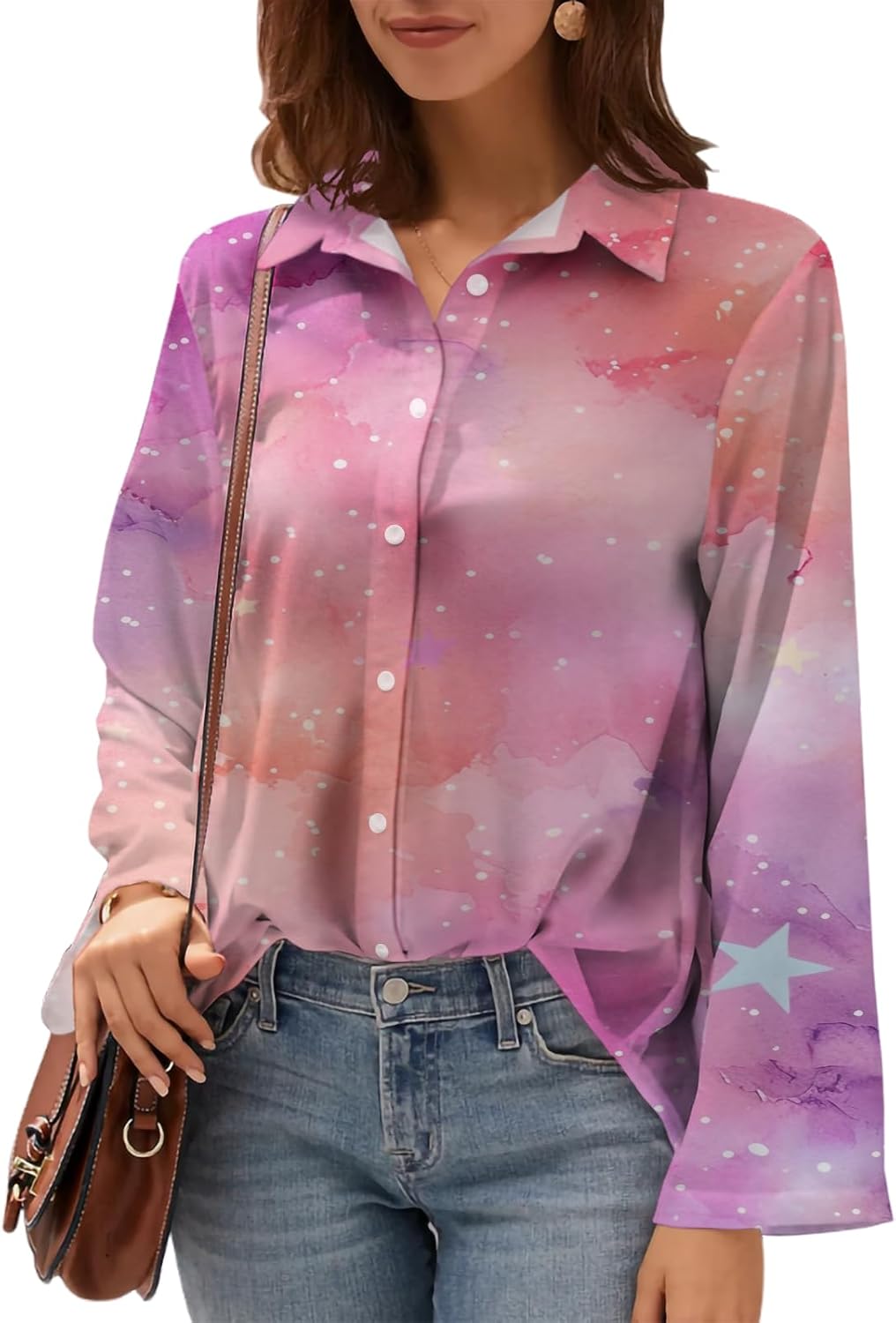 Womens Button Down Blouse Abstract Print V Neck Long Sleeve Colorful Tops Lightweight Casual Work Shirts S-3XL