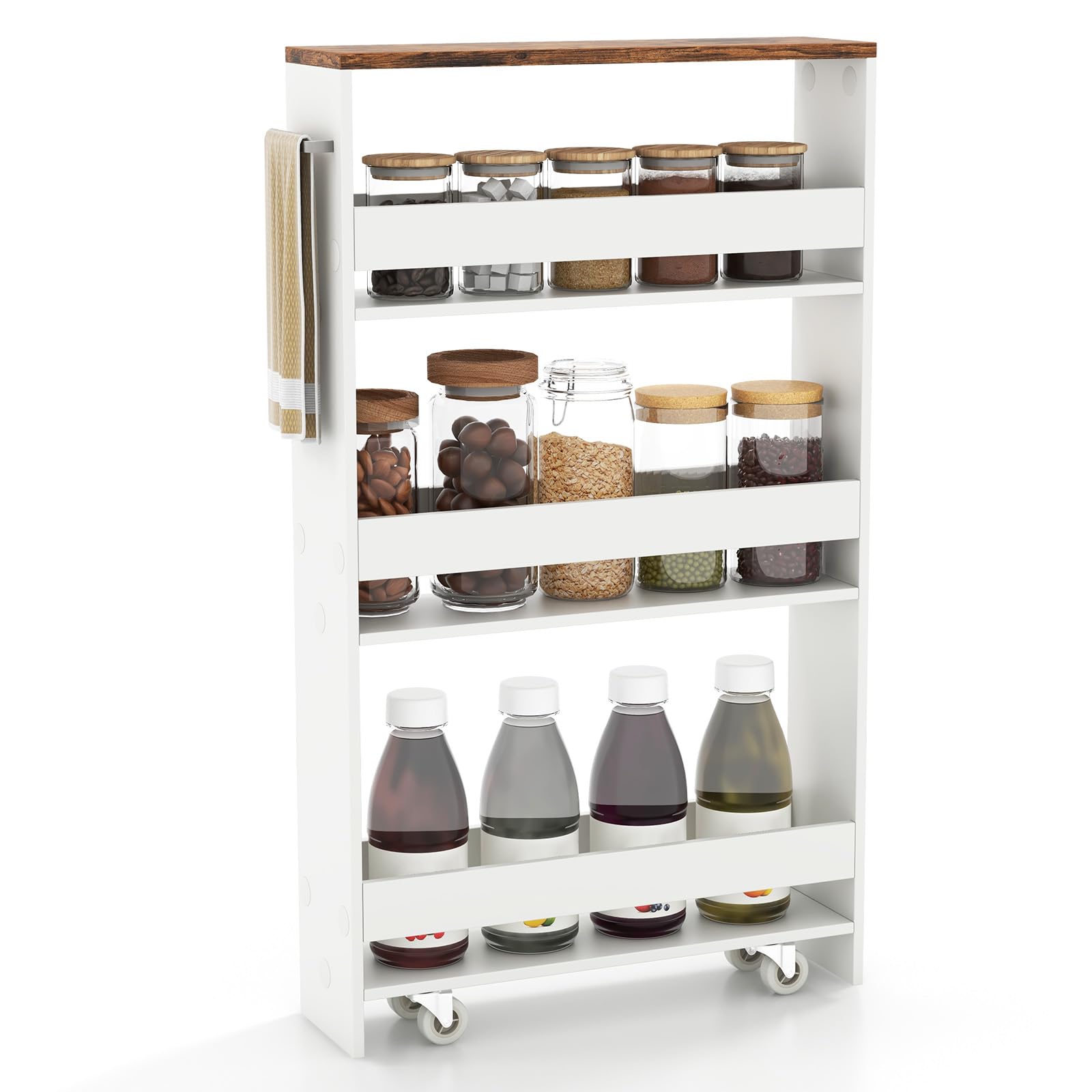 KOMFOTTEU Carrello Portaoggetti a 4 Ripiani con Ruote Rirevoli a 360°, Carrellino Scorrevole con Maniglia Slim, da Bagno, Cucina, Lavanderia, 47,5 x 20 x 80,5 cm (Bianco e Marrone, Senza Presa)