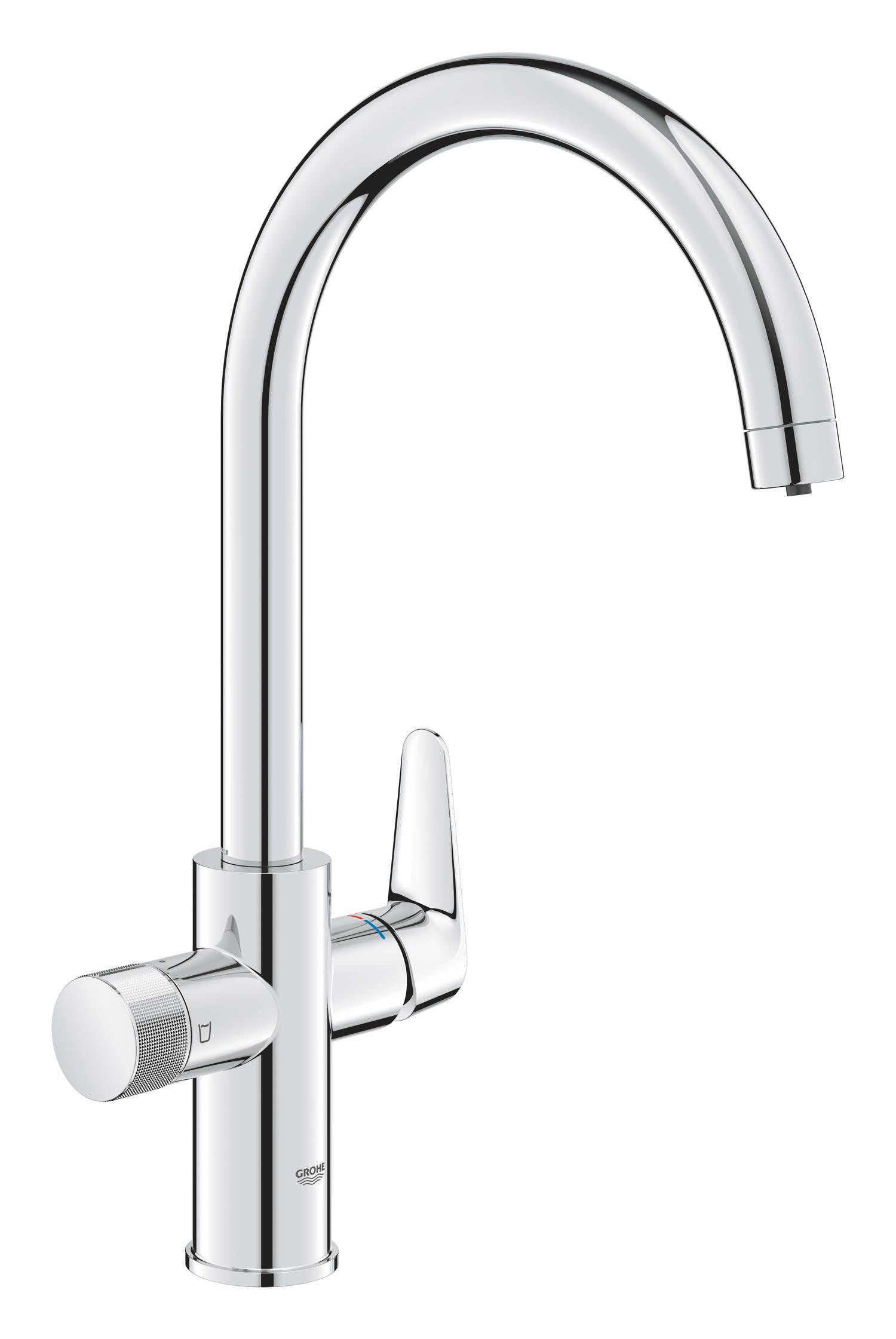 GROHE Blue Pure BauCurve – Grifo con filtro de agua de 3 vías (caño alto en C, giro 150°, mando de filtrado, cartucho cerámico 28 mm, latiguillos 3/8", requiere set de filtrado), cromo, 30580000
