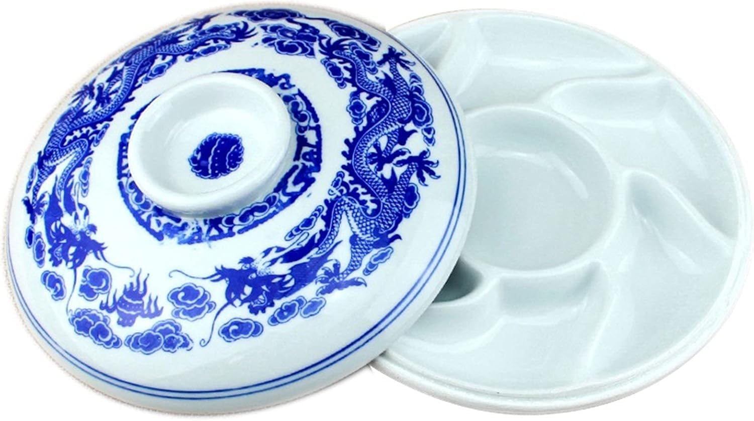 Palette de couleurs en céramique avec couvercle pour encre de calligraphie, boîte de peinture à 7 compartiments Motif dragon bleu et blanc