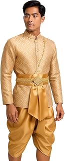 Siam Regal's Men's Silk Gold Traditional Thai wedding Outfit 3 Piece Set Shirt Sarong Waistband Formal Attire Costume Suit