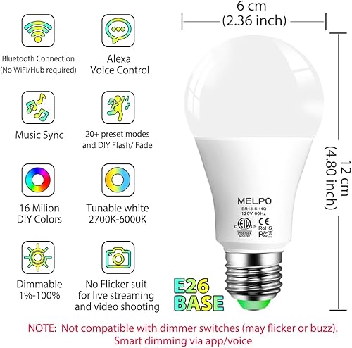 Miniatura 2 de MELPO Las bombillas inteligentes RGB funcionan con Alexa, 12 W (equivalente a 130 W), 2700 K-6000 K, bombilla Bluetooth A19 E26 que cambia