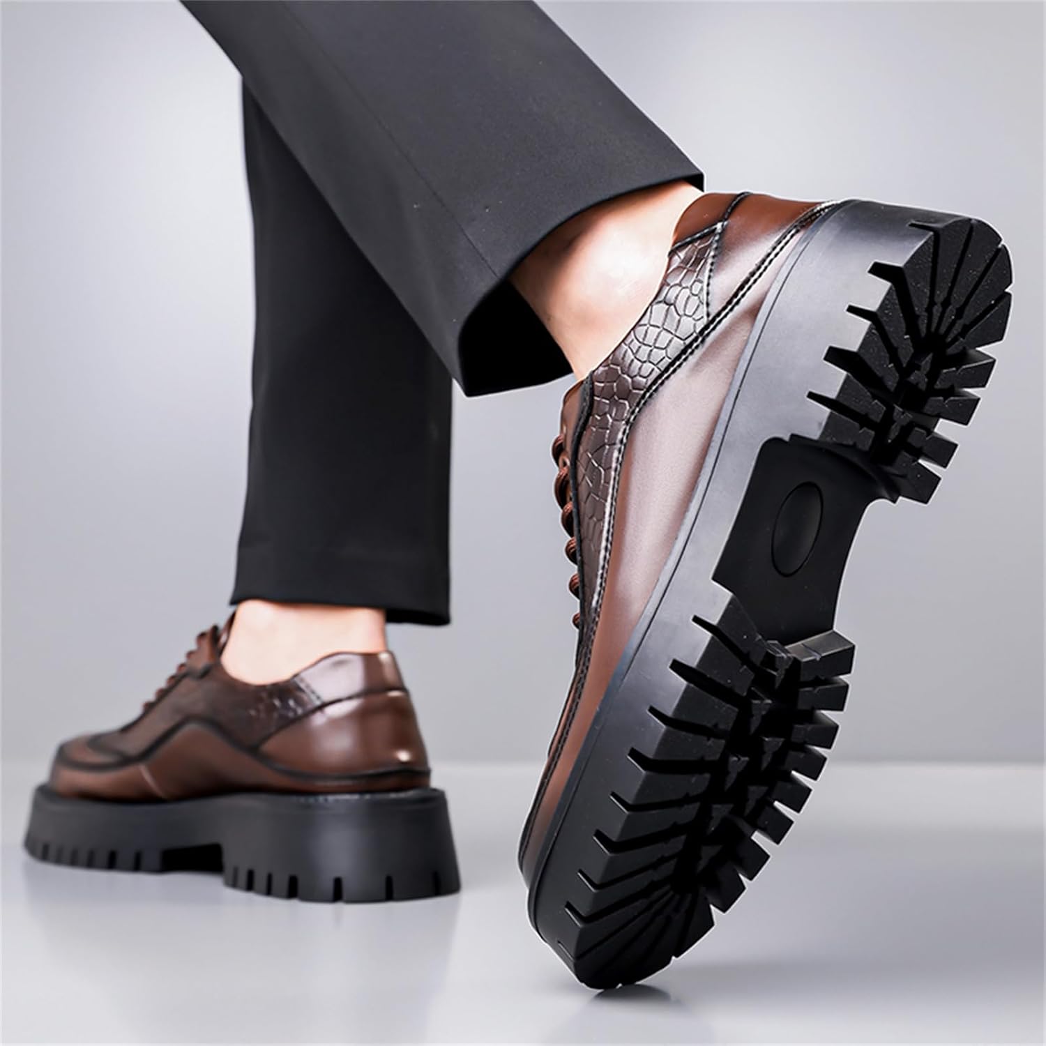 Men's Crocodile Embossed Genuine Leather Lace Up Chunky Platform Dress Derby Oxford Round Toe Lug Non Slip Sole for Business Casual Formal Office Driving Loafers
