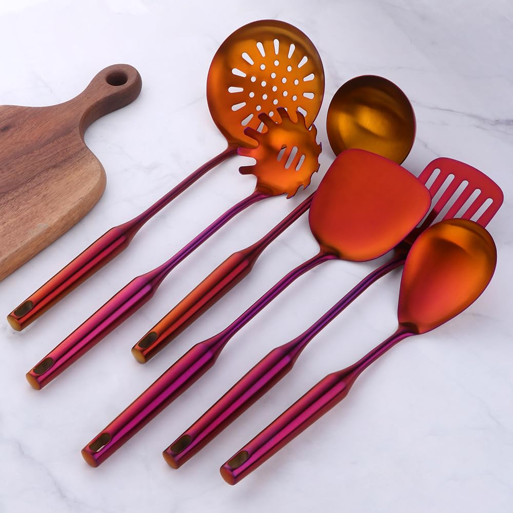 Set di utensili da cucina in acciaio inox di alta qualità, 10 pezzi, arancione rosso placcato in titanio, con cucchiai, spatole, mestoli, utensili da cucina moderni e accessori