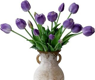 mizii 15Pcs Purple Tulips Artificial Flowers Latex Plastic Real Touch Fake Tulips Flowers Look Real Faux Tulip Flower Bouquet Decoration for Vase Room Table Centerpieces Home Decor (Purple)