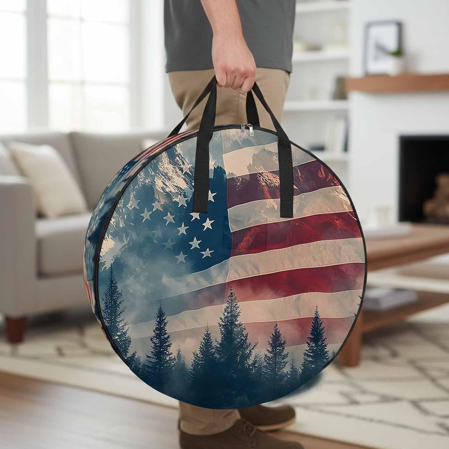 Independence Day Round Storage Bag 36 Inch, Mountain Forest American Flag Clothes Storage Container with Handles Heavy Duty Organizer for Comforter, Bedding & Holiday Wreaths