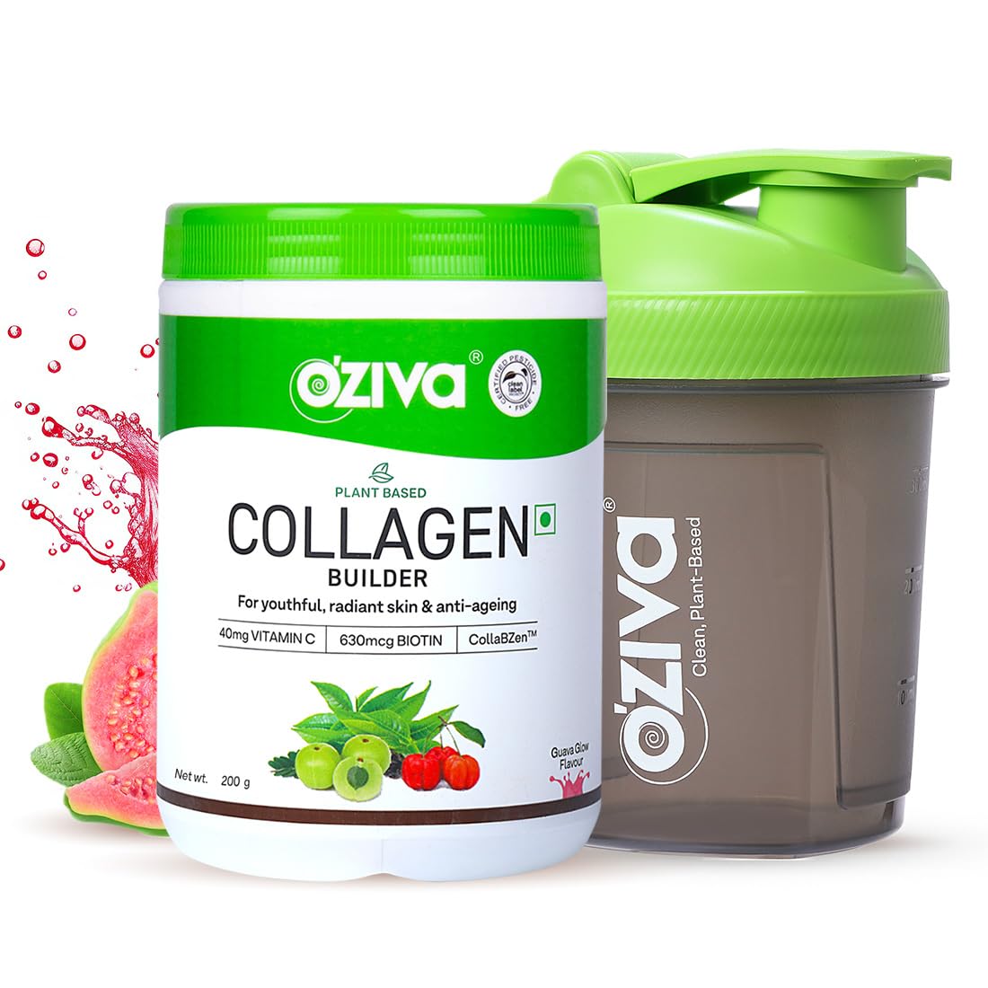 OZiva Vegan Collagen Supplement (Guava Glow) for Skin, Hair & Nails | Plant-Based Collagen Peptides Supplement for Men & Women | Non-GMO, No Sugar Added | Powder, 200g + Shaker