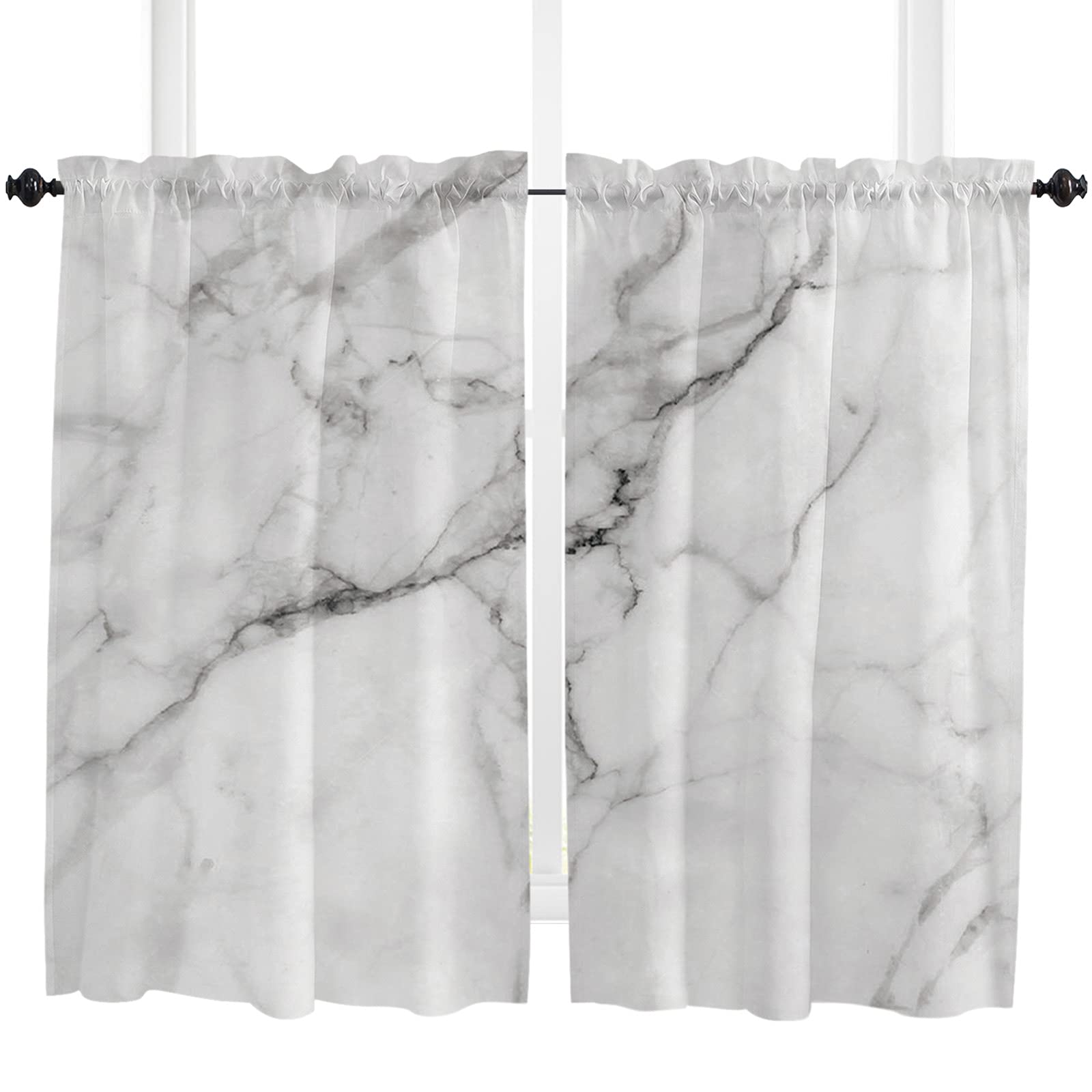 BOBOWUNY Marble Window Tier Curtain 45 Inches Long Set of 2 Panels, Marble Cracks Motif Half Windows Rod Pocket Kitchen Curtains White Small Kitchen Drapes for Bathroom Cafe 55''x45''