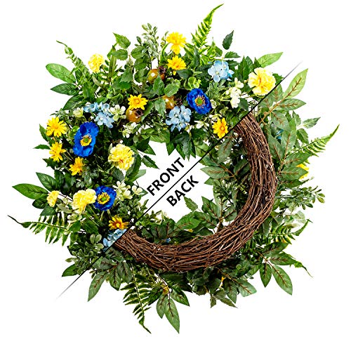 Wanna-Cul 24 Inch Spring Summer Carnation Flower Wreath For Front Door,Blue And Yellow Floral Door Wreath With Pomegranates,Papaver Rhoeas,Daisy,Fern Leaf For Wedding Wall #TOP6