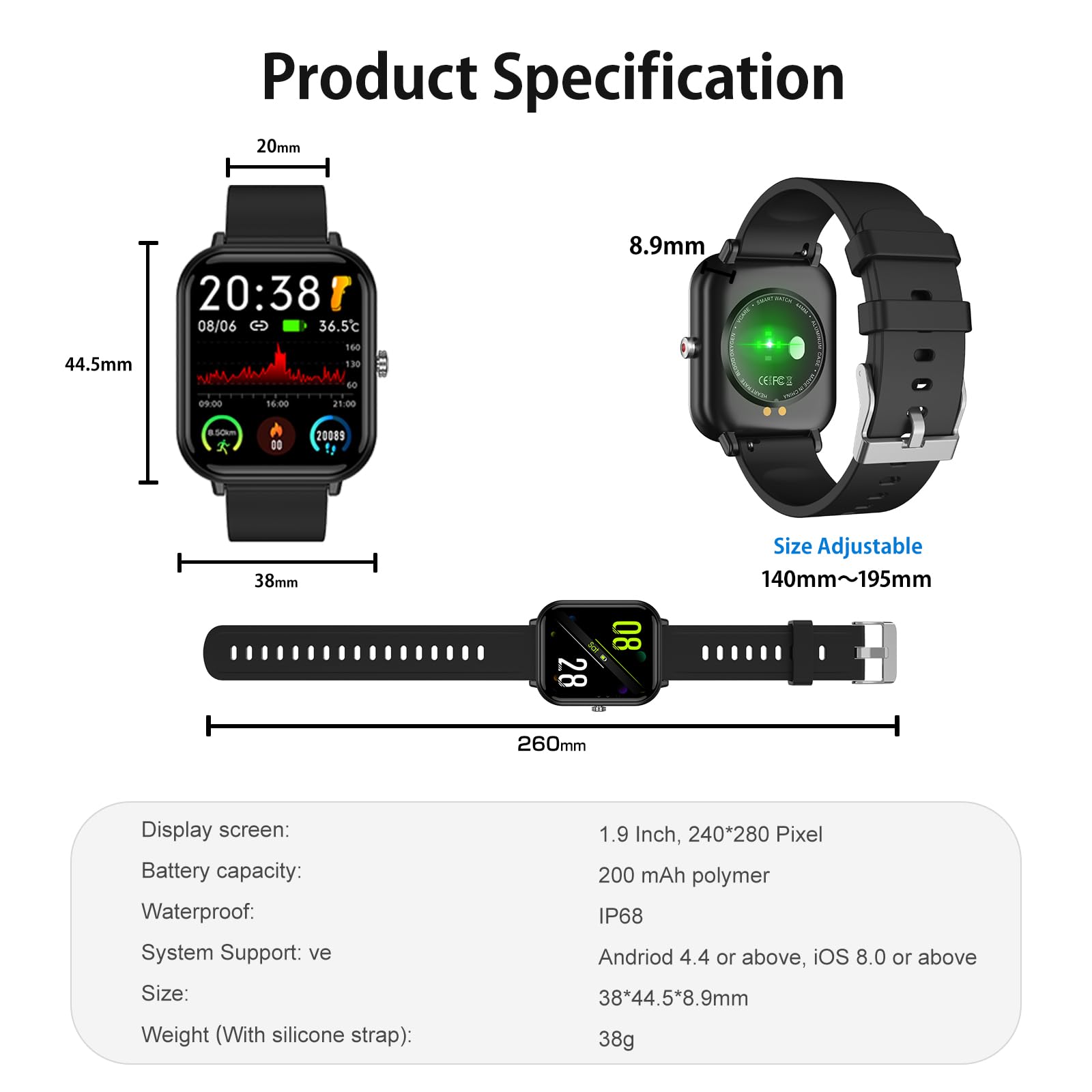 Smart Watch for Men Women, Fitness Tracker, 1.9" Smartwatches, 24 Sports Modes, Heart Rate/Sleep Monitor/Pedometer/Spo2/Step Counter, IP68 Waterproof, Ultra Thin, Long-Lasting Battery for Android iOS