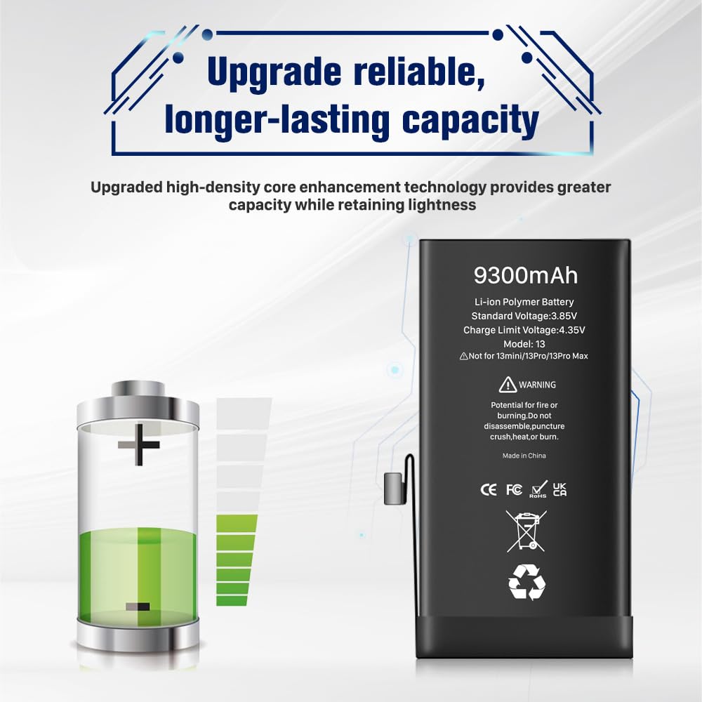 9300mAh High Capacity Replacement Battery for iPhone 13, Upgrade Replacement Battery with Pro Replacement Tool Kit for iPhone 13(A2635 A2634 A2633 A2631 A2482)