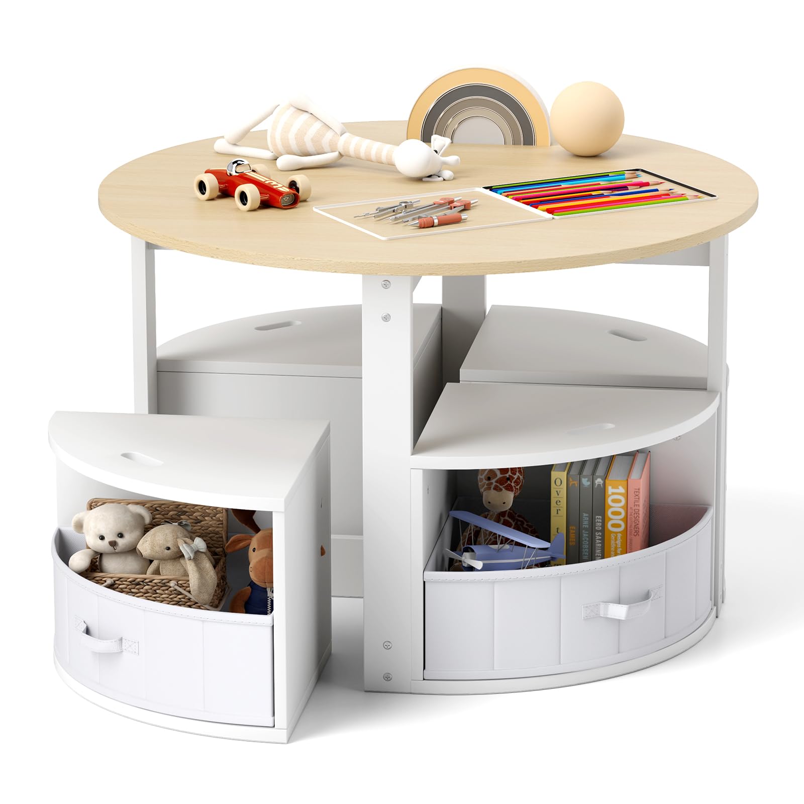 GOPLUS Juego de Mesa y Sillas para Niños de 5 Piezas, Mesa Redonda con 4 Taburetes Apilables con Cajones de Tela, Asientos de Madera con Almohadillas Antideslizantes para Niños de 3+ Años (Natural)