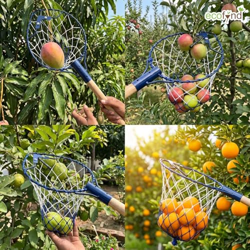 Image of ecofynd Fruit Picker Tool with Pole Attachment, Metal Frame & Nylon Net Basket for Mango, Apple, Lemon & Orange, Lightweight Fruit Harvester for Safe Fruit Picking from Trees, Garden & Farm(Dark Blue)