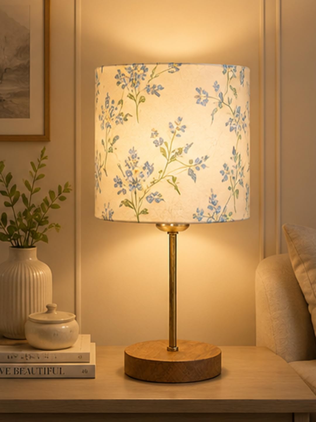 Decorative Table Lamp for Bedroom, Living Room, Bedside & Office | Fabric Lampshade with Solid Wooden Base and Gold Polish Metal Stem | E27 LED Bulb Included (Cornflower)-image-23