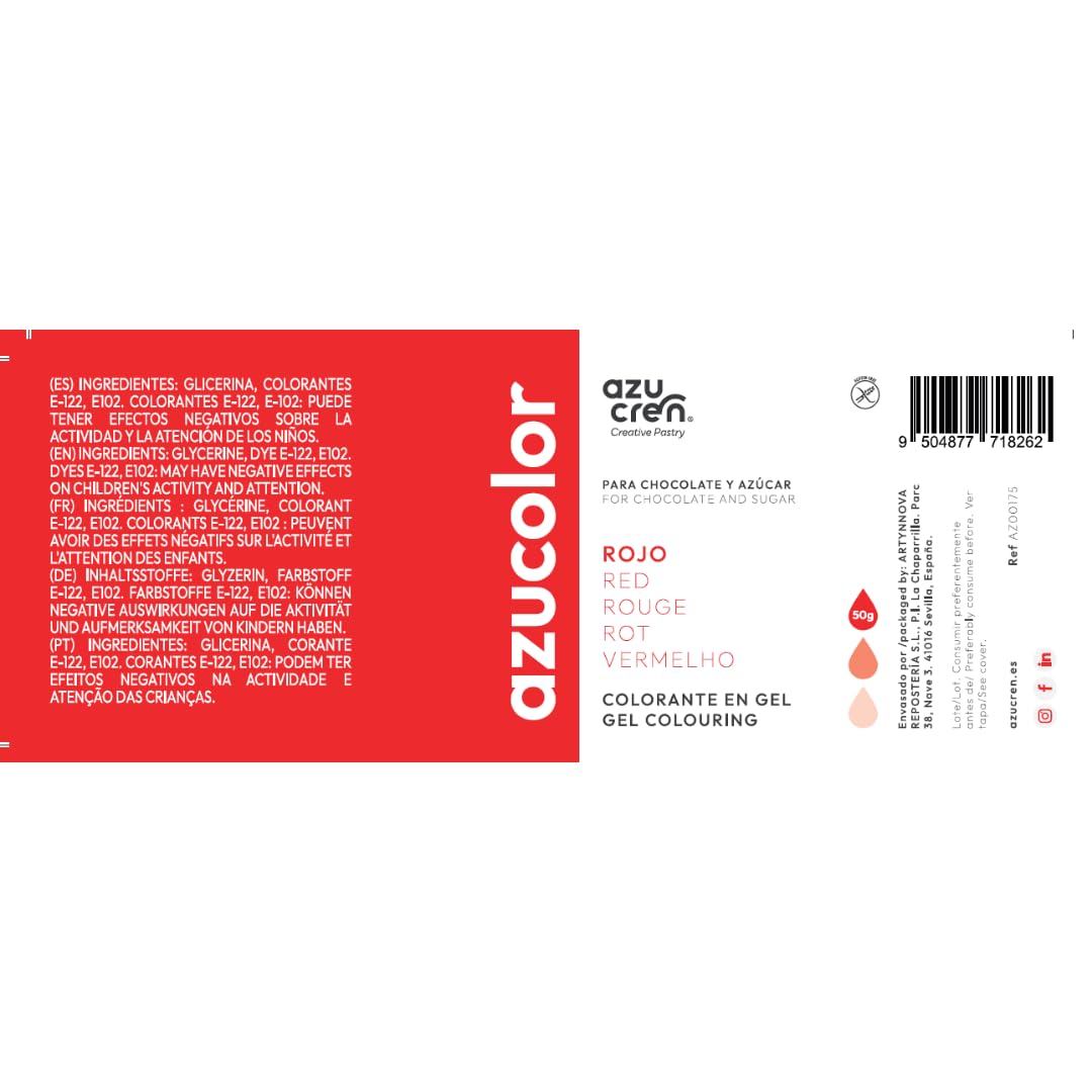 Azucren - AZUCOLOR - Colorante Alimentario en Gel - Colorantes Concentrados para Repostería, Decoración, Glaseado, Macarons, Galletas, Caramelos, Azúcar y Chocolate - 50 Gr (Rojo) — view 2