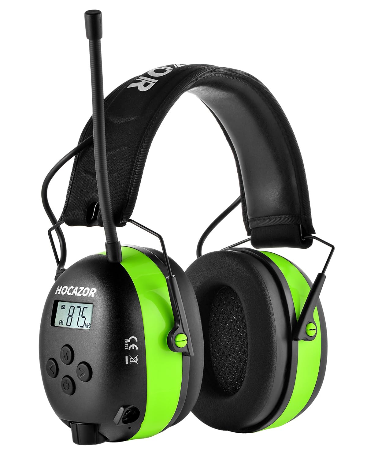 Hocazor HP10 FM AM Radio Headphones with LCD Display, 30dB SNR Hearing Protection Safety Earmuffs for Mowing Work Shops, Green