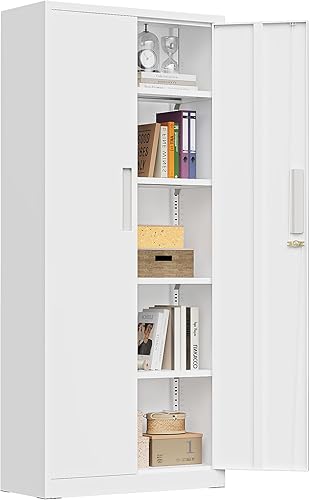 Miniatura 21 de Greenvelly Armario de almacenamiento de metal con cerradura, armario de almacenamiento de 72 pulgadas de alto con 2 puertas y 4 estantes ajustables